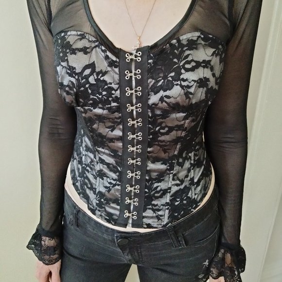 Aggie Black Lace Hook and Eye Corset Bustier top with mesh sleeves - Picture 8 of 13